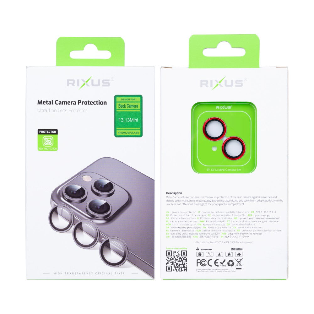 Rixus Metal Shield Camera Tempered Glass For Apple iPhone 13, 13 Mini Red