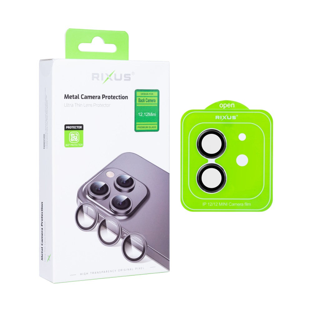 Rixus Metal Shield Camera Tempered Glass For Apple iPhone 12, 12 Mini Black