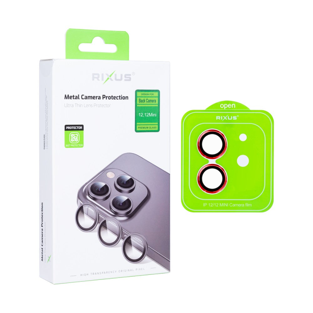 Rixus Metal Shield Camera Tempered Glass For Apple iPhone 12, 12 Mini Red