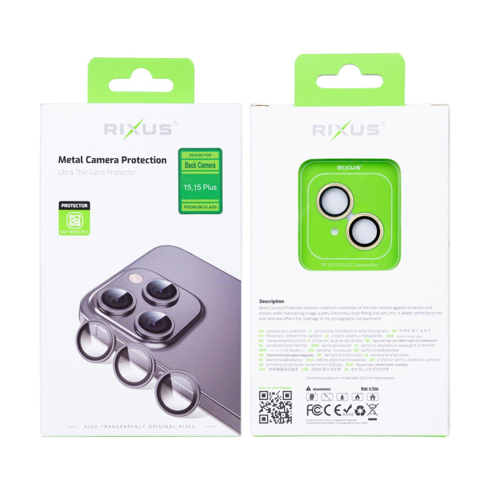 Rixus Metal Shield Camera Tempered Glass For Apple iPhone 15, 15 Plus Yellow