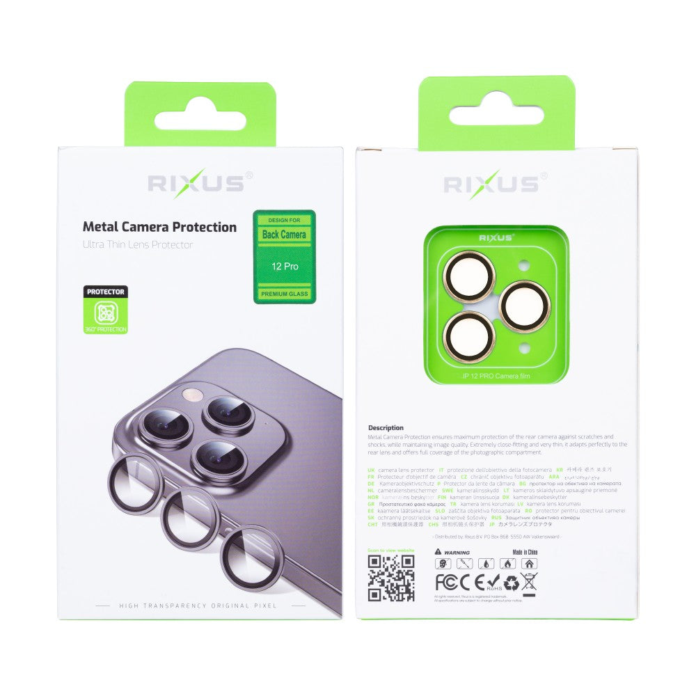 Rixus Metal Shield Camera Tempered Glass For Apple iPhone 12 Pro Gold