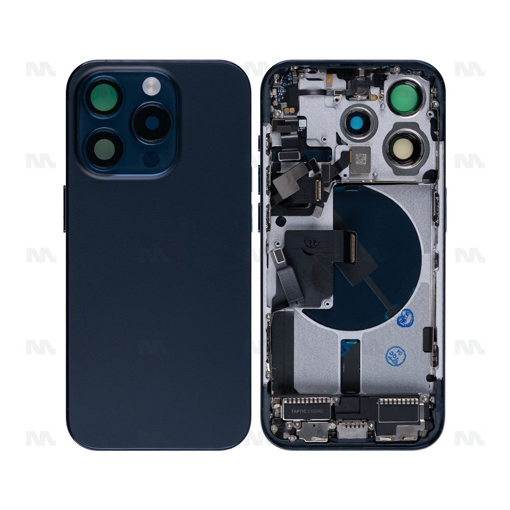 Coque Complète iPhone 15 Pro Bleu Titane Avec Petites Pièces Sans Batterie Ni Caméra Arrière Pièce Détachée