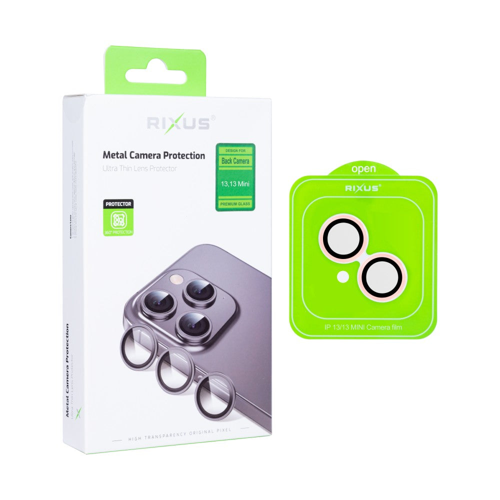 Rixus Metal Shield Camera Tempered Glass For Apple iPhone 13, 13 Mini Pink
