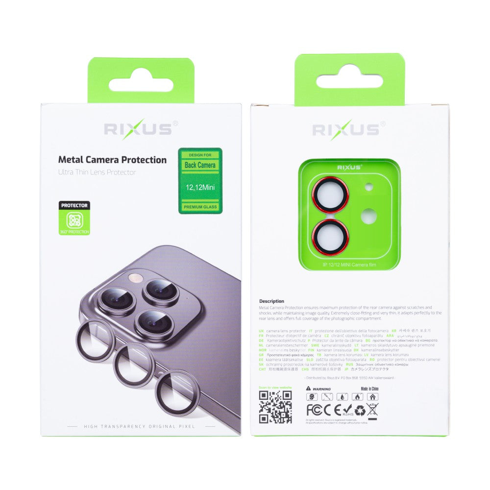 Rixus Metal Shield Camera Tempered Glass For Apple iPhone 12, 12 Mini Red