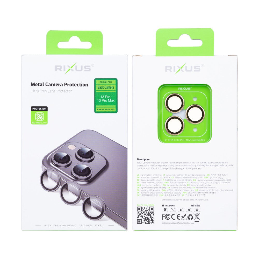 Rixus Metal Shield Camera Tempered Glass For Apple iPhone 13 Pro, 13 Pro Max Gold